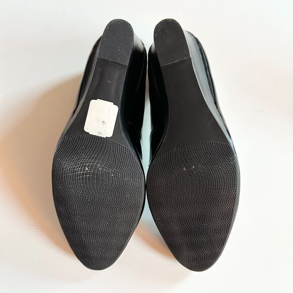 NEIMAN MARCUS Wedge Pump Women 10M Black Patent Leather 3.5" Stacked Heel Shoes - Picture 6 of 7